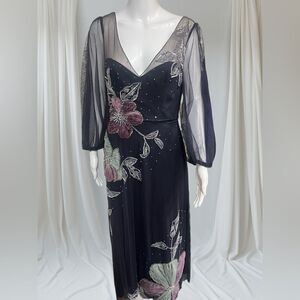 Marchesa Blue Floral Embroidered Long‎ Sleeve Dress